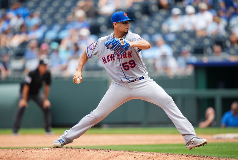 Aug 3, 2023; Kansas City, Missouri, USA; New York Mets starting pitcher Carlos Carrasco (59) pitches during the fifth inning against the Kansas City Royals at Kauffman Stadium. Mandatory Credit: Jay Biggerstaff-USA TODAY Sports