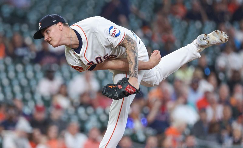 May 22, 2024; Houston, Texas, USA; Houston Astros starting pitcher Hunter Brown (58) delivers a pitch during the first inning against the Los Angeles Angels at Minute Maid Park. Mandatory Credit: Troy Taormina-USA TODAY Sports
