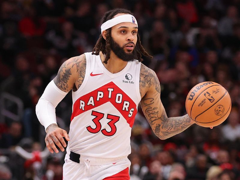 CHICAGO, ILLINOIS - JANUARY 30: Gary Trent Jr. #33 of the Toronto Raptors dribbles up the court against the Chicago Bulls during the second half at the United Center on January 30, 2024 in Chicago, Illinois. NOTE TO USER: User expressly acknowledges and agrees that, by downloading and or using this photograph, User is consenting to the terms and conditions of the Getty Images License Agreement.  (Photo by Michael Reaves/Getty Images)