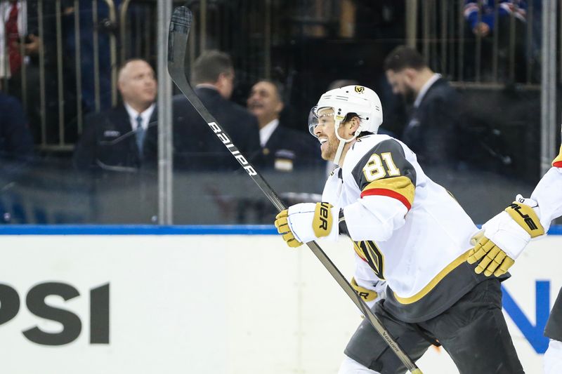 Jan 26, 2024; New York, New York, USA;  Vegas Golden Knights right wing Jonathan Marchessault (81) celebrates after scoring his third goal of the game in the third period against the New York Rangers at Madison Square Garden. Mandatory Credit: Wendell Cruz-USA TODAY Sports