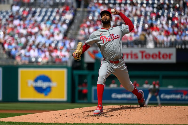 Apr 7, 2024; Washington, District of Columbia, USA; Philadelphia Phillies pitcher Cristopher Sánchez (61) throws a pitch during the first inning against the Washington Nationals at Nationals Park. Mandatory Credit: Reggie Hildred-USA TODAY Sports