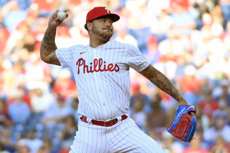 Aug 13, 2024; Philadelphia, Pennsylvania, USA; Philadelphia Phillies starting pitcher Taijuan Walker (99) throws a pitch against the Miami Marlins during the first inning at Citizens Bank Park. Mandatory Credit: Eric Hartline-USA TODAY Sports