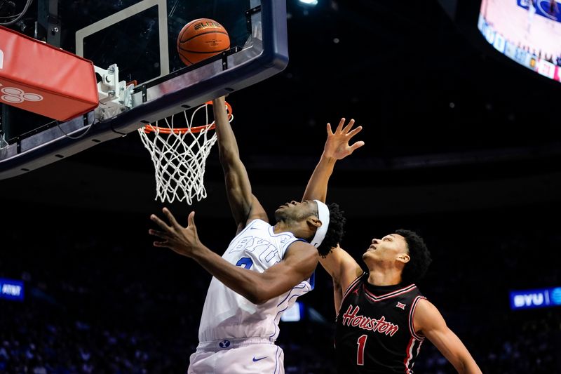 Feb 7, 2026; Provo, Utah, USA; BYU Cougars forward AJ Dybantsa (3) makes a driving layup during the first half against the Houston Cougars at Marriott Center. Mandatory Credit: Aaron Baker-Imagn Images