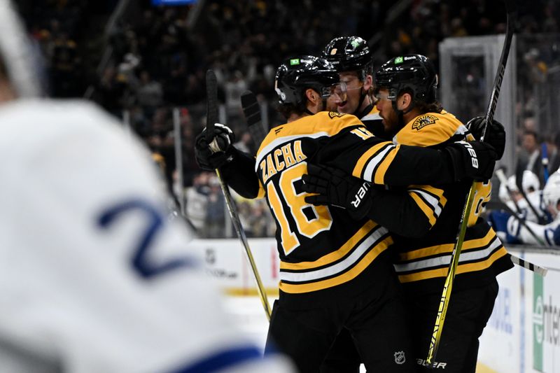 Feb 25, 2025; Boston, Massachusetts, USA; Boston Bruins right wing David Pastrnak (88) celebrates with his teammates after scoring a goal against the Toronto Maple Leafs during the first period at the TD Garden. Mandatory Credit: Brian Fluharty-Imagn Images