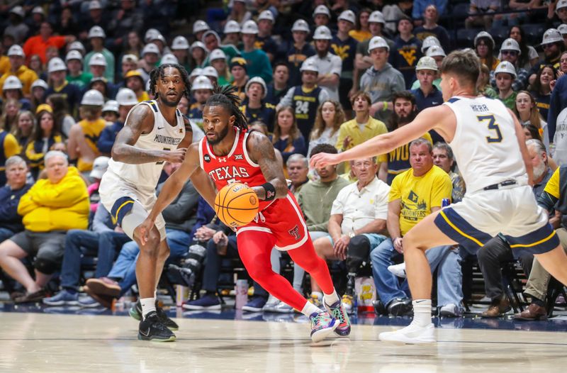 Mar 2, 2024; Morgantown, West Virginia, USA; Texas Tech Red Raiders guard Joe Toussaint (6) dribbles through West Virginia Mountaineers defenders during the first half at WVU Coliseum. Mandatory Credit: Ben Queen-USA TODAY Sports