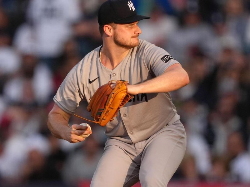 May 28, 2025; Anaheim, California, USA; New York Yankees starting pitcher Clarke Schmidt (36) throws in the first inning against the Los Angeles Angels at Angel Stadium. Mandatory Credit: Kirby Lee-Imagn Images