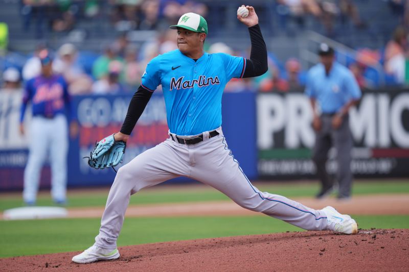 Mar 17, 2024; Port St. Lucie, Florida, USA;  Miami Marlins pitcher Luis Palacios (36) pitches in the first inning against the New York Mets at Clover Park. Mandatory Credit: Jim Rassol-USA TODAY Sports