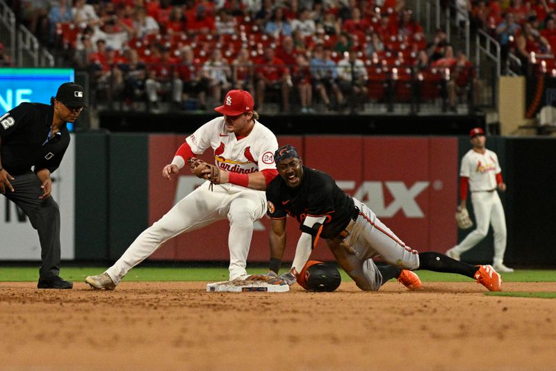 May 21, 2024; St. Louis, Missouri, USA; Baltimore Orioles’ Jorge Mateo (3) reacts after sliding into second ahead of the tag by St. Louis Cardinals second baseman Nolan Gorman (16) during the fifth inning at Busch Stadium. Mandatory Credit: Jeff Le-USA TODAY Sports