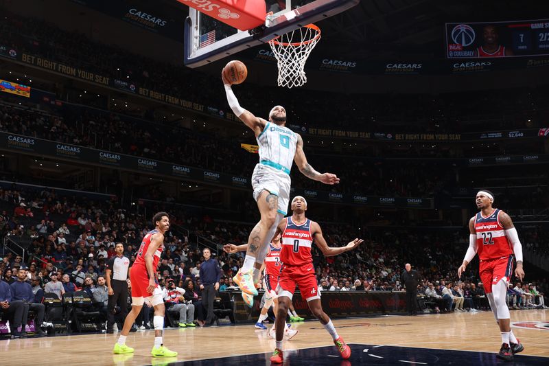 WASHINGTON, DC -? MARCH 8:  Miles Bridges #0 of the Charlotte Hornets goes to the basket during the game on March 8, 2024 at Capital One Arena in Washington, DC. NOTE TO USER: User expressly acknowledges and agrees that, by downloading and or using this Photograph, user is consenting to the terms and conditions of the Getty Images License Agreement. Mandatory Copyright Notice: Copyright 2024 NBAE (Photo by Stephen Gosling/NBAE via Getty Images)