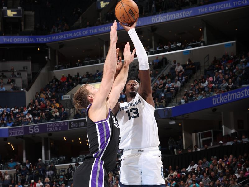 MEMPHIS, TN - DECEMBER 5: Jaren Jackson Jr. #13 of the Memphis Grizzlies shoots the ball during the game against the Sacramento Kings on December 5, 2024 at FedExForum in Memphis, Tennessee. NOTE TO USER: User expressly acknowledges and agrees that, by downloading and or using this photograph, User is consenting to the terms and conditions of the Getty Images License Agreement. Mandatory Copyright Notice: Copyright 2024 NBAE (Photo by Joe Murphy/NBAE via Getty Images)