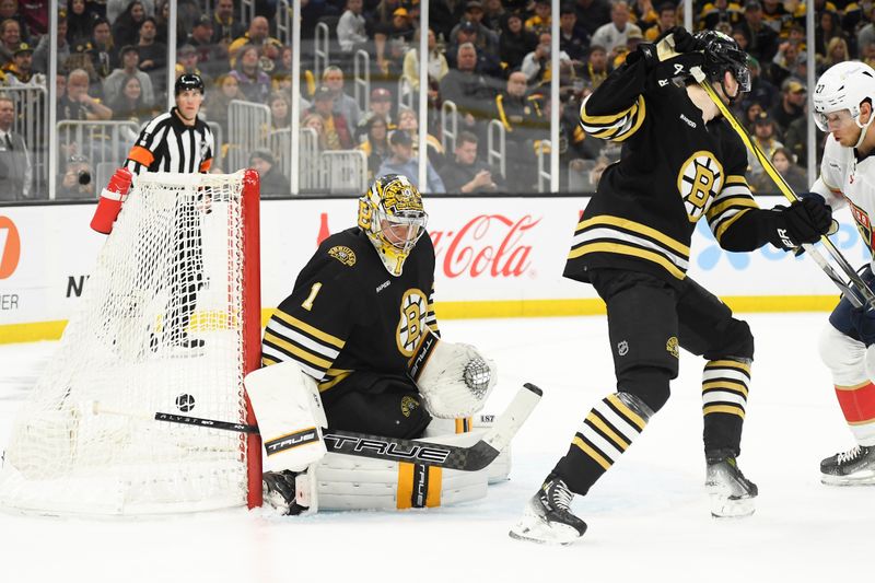 May 12, 2024; Boston, Massachusetts, USA; Florida Panthers center Anton Lundell (15) (not pictured) scores a goal past Boston Bruins goaltender Jeremy Swayman (1) during the second period in game four of the second round of the 2024 Stanley Cup Playoffs at TD Garden. Mandatory Credit: Bob DeChiara-USA TODAY Sports