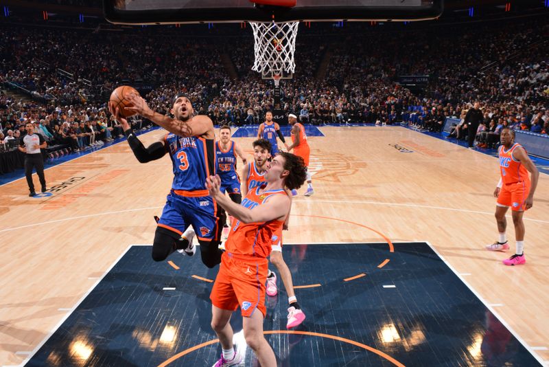 NEW YORK, NY - MARCH 31: Josh Hart #3 of the New York Knicks drives to the basket during the game against the Oklahoma City Thunder on March 31, 2024 at Madison Square Garden in New York City, New York.  NOTE TO USER: User expressly acknowledges and agrees that, by downloading and or using this photograph, User is consenting to the terms and conditions of the Getty Images License Agreement. Mandatory Copyright Notice: Copyright 2024 NBAE  (Photo by Jesse D. Garrabrant/NBAE via Getty Images)