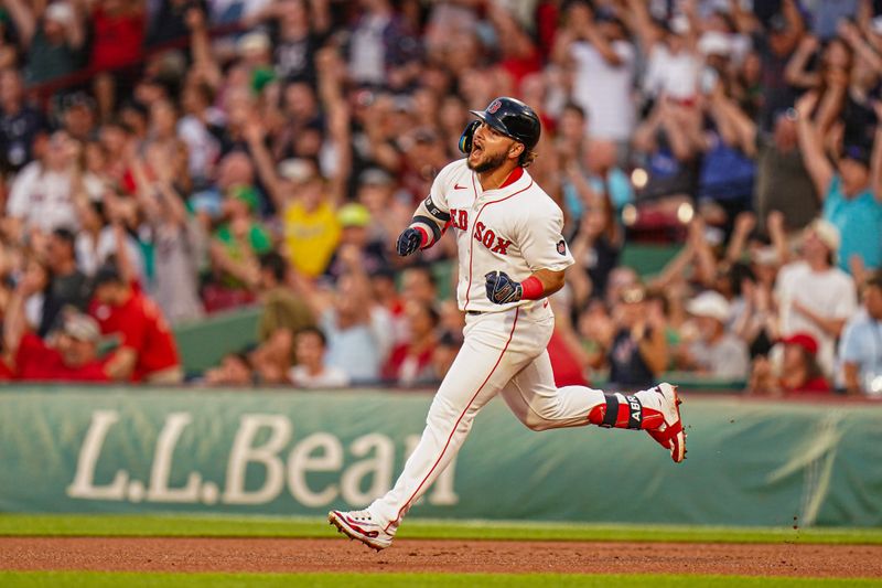 Jul 11, 2024; Boston, Massachusetts, USA; Boston Red Sox right fielder Wilyer Abreu (52) hits a home run against the Oakland Athletics in the fourth inning at Fenway Park. Mandatory Credit: David Butler II-USA TODAY Sports