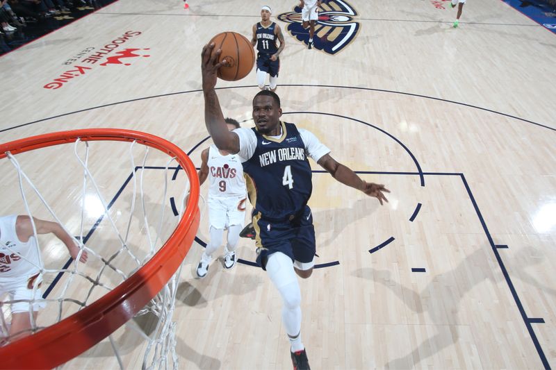 NEW ORLEANS, LA - NOVEMBER 6: Javonte Green #4 of the New Orleans Pelicans drives to the basket during the game against the Cleveland Cavaliers on November 6, 2024 at the Smoothie King Center in New Orleans, Louisiana. NOTE TO USER: User expressly acknowledges and agrees that, by downloading and or using this Photograph, user is consenting to the terms and conditions of the Getty Images License Agreement. Mandatory Copyright Notice: Copyright 2024 NBAE (Photo by Layne Murdoch Jr./NBAE via Getty Images)