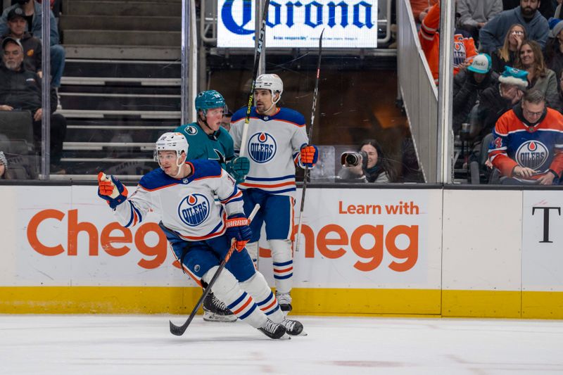 Dec 28, 2023; San Jose, California, USA; Edmonton Oilers left wing Zach Hyman (18) celebrates after the goal during the first period against the San Jose Sharks at SAP Center at San Jose. Mandatory Credit: Neville E. Guard-USA TODAY Sports