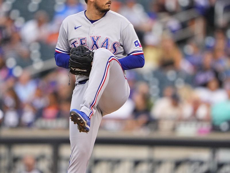 Aug 30, 2023; New York City, New York, USA;  Texas Rangers pitcher Dane Dunning (33) delivers a pitch against the New York Mets during the first inning at Citi Field. Mandatory Credit: Gregory Fisher-USA TODAY Sports