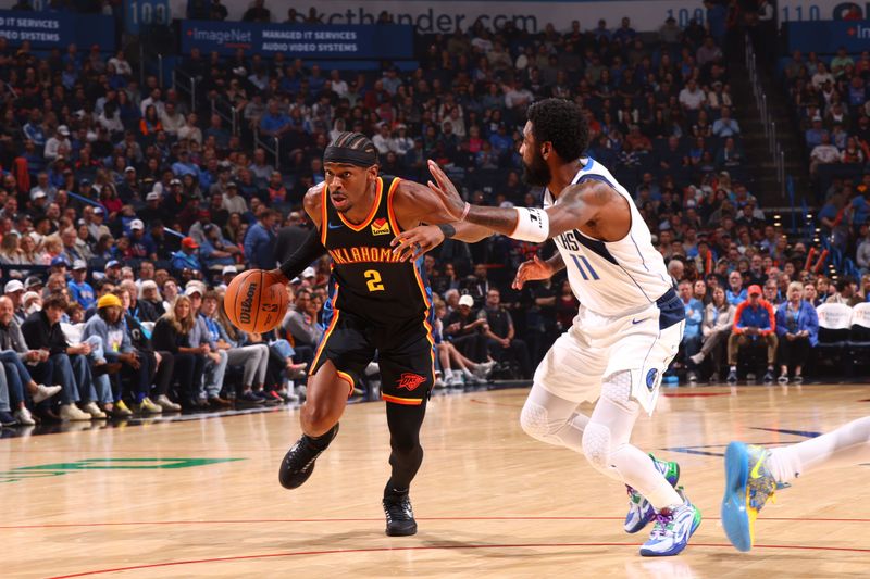 OKLAHOMA CITY, OK - NOVEMBER 17: Shai Gilgeous-Alexander #2 of the Oklahoma City Thunder drives to the basket during the game against the Dallas Mavericks on November 17, 2024 at Paycom Center in Oklahoma City, Oklahoma. NOTE TO USER: User expressly acknowledges and agrees that, by downloading and or using this photograph, User is consenting to the terms and conditions of the Getty Images License Agreement. Mandatory Copyright Notice: Copyright 2024 NBAE (Photo by Zach Beeker/NBAE via Getty Images)