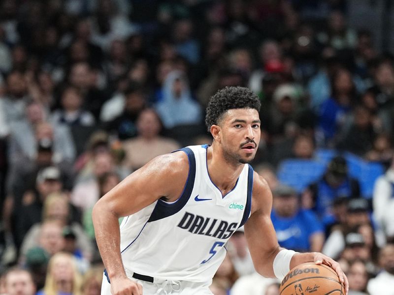 DALLAS, TX - OCTOBER 17: Quentin Grimes #5 of the Dallas Mavericks dribbles the ball during the game against the Milwaukee Bucks during a NBA preseason game on October 17, 2024 at American Airlines Center in Dallas, Texas. NOTE TO USER: User expressly acknowledges and agrees that, by downloading and or using this photograph, User is consenting to the terms and conditions of the Getty Images License Agreement. Mandatory Copyright Notice: Copyright 2024 NBAE (Photo by Glenn James/NBAE via Getty Images)