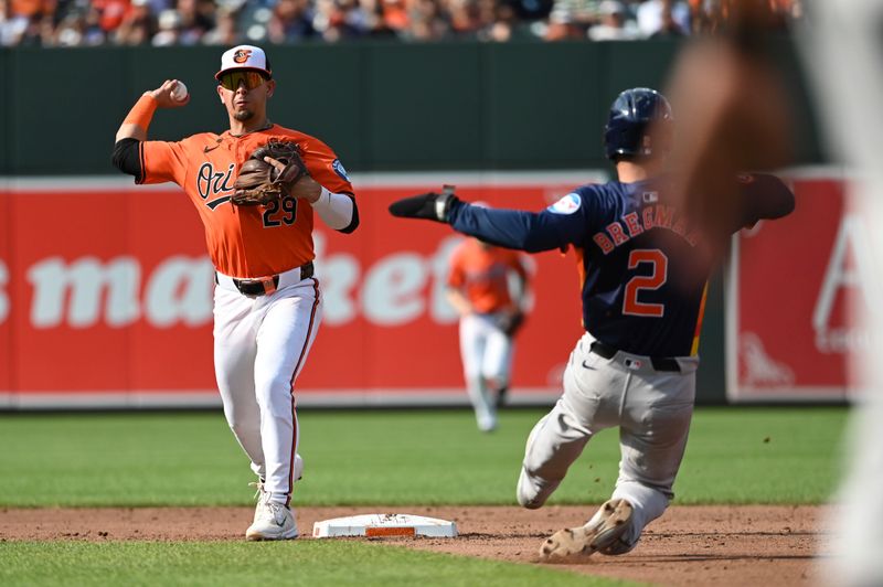 Aug 24, 2024; Baltimore, Maryland, USA; Baltimore Orioles third baseman Ramon Urias (29) throws to first base after the third inning force out of Houston Astros third baseman Alex Bregman (2)  at Oriole Park at Camden Yards. Mandatory Credit: Tommy Gilligan-USA TODAY Sports