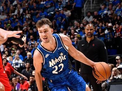 ORLANDO, FL - OCTOBER 25: Franz Wagner #22 of the Orlando Magic drives to the basket during the game against the Houston Rockets on October 25, 2023 at Amway Center in Orlando, Florida. NOTE TO USER: User expressly acknowledges and agrees that, by downloading and or using this photograph, User is consenting to the terms and conditions of the Getty Images License Agreement. Mandatory Copyright Notice: Copyright 2023 NBAE (Photo by Fernando Medina/NBAE via Getty Images)