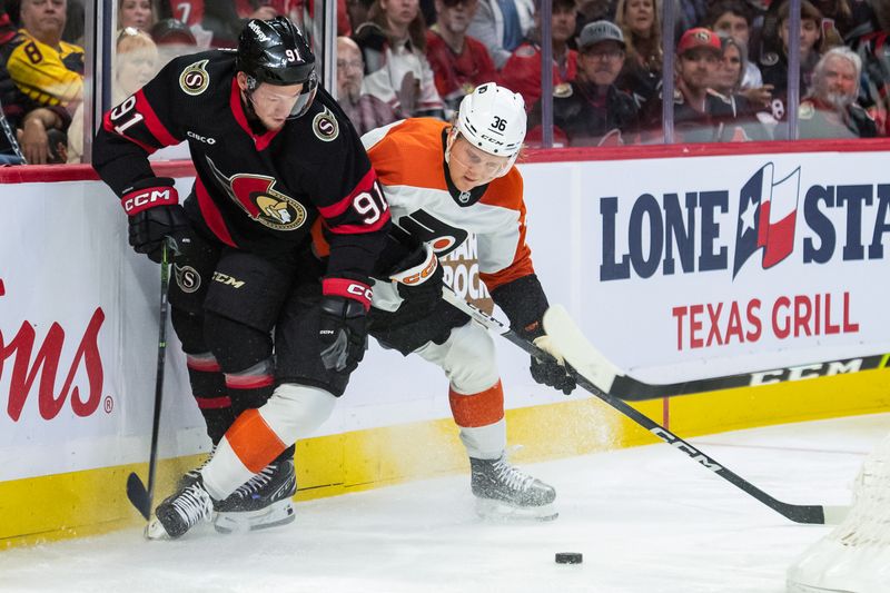 Oct 14, 2023; Ottawa, Ontario, CAN; Ottawa Senators right wing Vladimir Tarasenko (91) battles with Philadelphia Flyers defenseman Emil Andrae (36) in the first period at the Canadian Tire Centre. Mandatory Credit: Marc DesRosiers-USA TODAY Sports