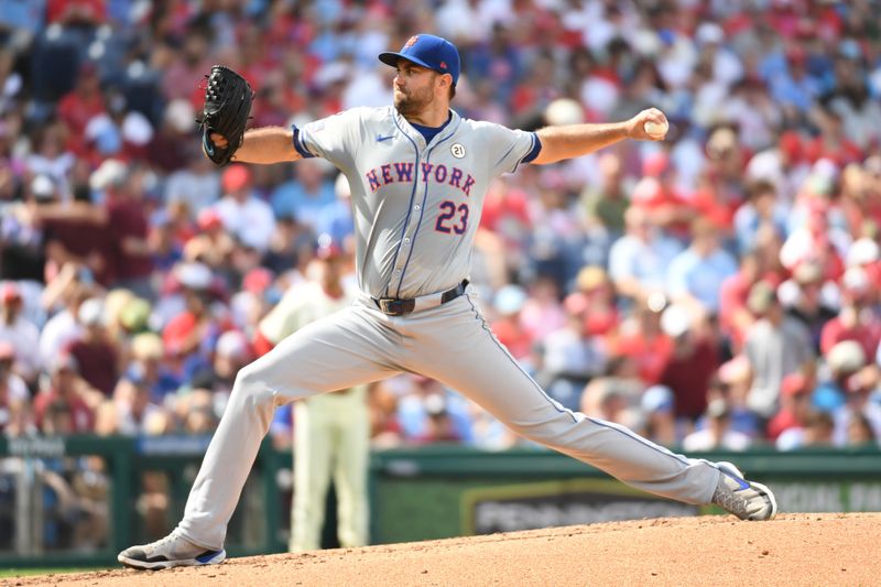 Sep 15, 2024; Philadelphia, Pennsylvania, USA; New York Mets pitcher David Peterson (23) throws a pitch during the fifth inning ap] at Citizens Bank Park. Mandatory Credit: Eric Hartline-Imagn Images