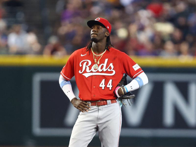 Aug 27, 2023; Phoenix, Arizona, USA; Cincinnati Reds shortstop Elly De La Cruz against the Arizona Diamondbacks at Chase Field. Mandatory Credit: Mark J. Rebilas-USA TODAY Sports