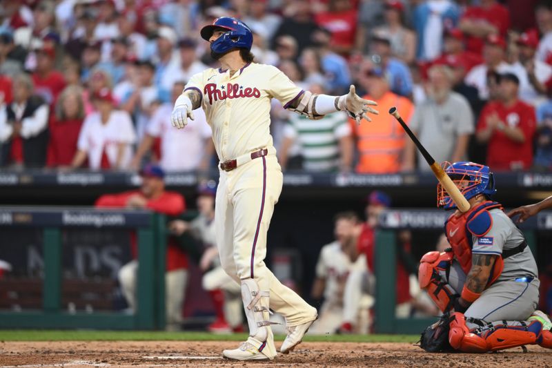 Oct 6, 2024; Philadelphia, Pennsylvania, USA; Philadelphia Phillies outfielder Nick Castellanos (8) hits a home-run in the sixth inning against the New York Mets during game two of the NLDS for the 2024 MLB Playoffs at Citizens Bank Park. Mandatory Credit: Kyle Ross-Imagn Images