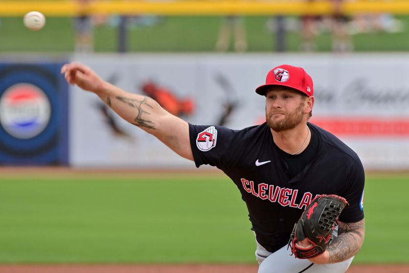 Feb 26, 2024; Peoria, Arizona, USA;  Cleveland Guardians starting pitcher Ben Lively (39) throws in the first inning against the San Diego Padres during a spring training game at Peoria Sports Complex. Mandatory Credit: Matt Kartozian-USA TODAY Sports