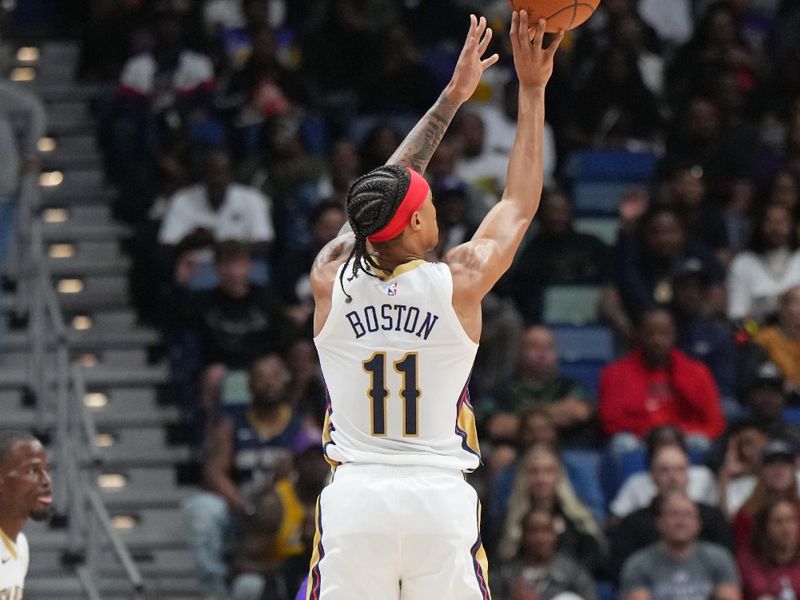 NEW ORLEANS, LA - NOVEMBER 16: Brandon Boston Jr. #11 of the New Orleans Pelicans shoots the ball during the game against the Los Angeles Lakers on November 16, 2024 at the Smoothie King Center in New Orleans, Louisiana. NOTE TO USER: User expressly acknowledges and agrees that, by downloading and or using this Photograph, user is consenting to the terms and conditions of the Getty Images License Agreement. Mandatory Copyright Notice: Copyright 2024 NBAE (Photo by Jesse D. Garrabrant/NBAE via Getty Images)