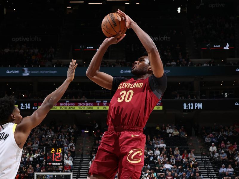 SALT LAKE CITY, UT - APRIL 2: Damian Jones #30 of the Cleveland Cavaliers shoots the ball during the game against the Utah Jazz on April 2, 2024 at Delta Center in Salt Lake City, Utah. NOTE TO USER: User expressly acknowledges and agrees that, by downloading and or using this Photograph, User is consenting to the terms and conditions of the Getty Images License Agreement. Mandatory Copyright Notice: Copyright 2024 NBAE (Photo by Melissa Majchrzak/NBAE via Getty Images)