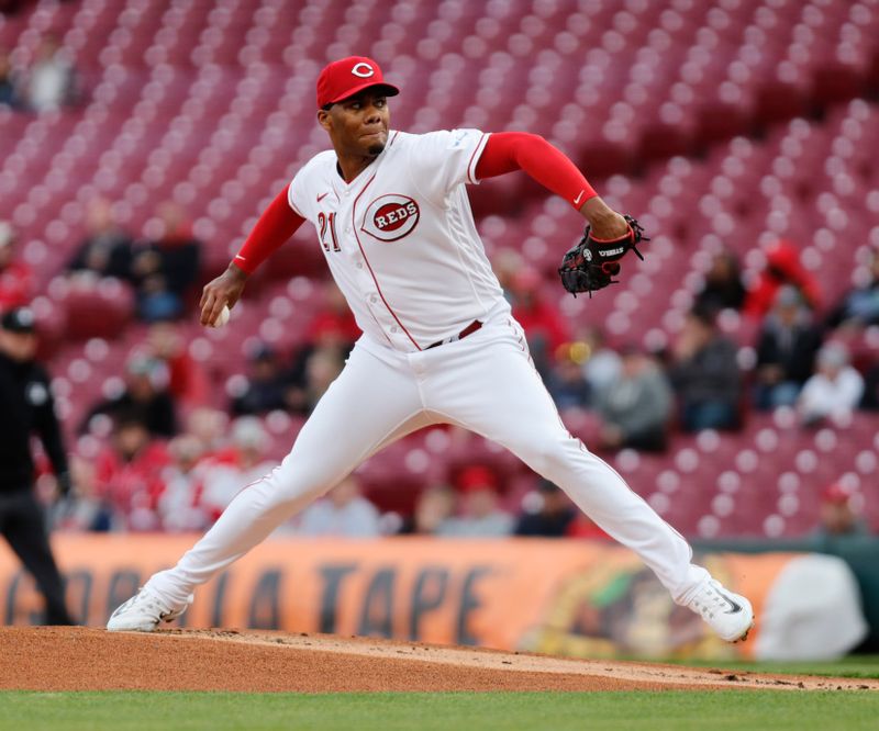 Apr 17, 2023; Cincinnati, Ohio, USA; Cincinnati Reds starting pitcher Hunter Greene throws against the Tampa Bay Rays during the first inning at Great American Ball Park. Mandatory Credit: David Kohl-USA TODAY Sports