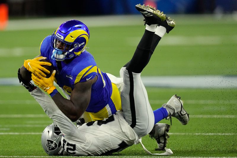 Los Angeles Rams running back Royce Freeman, top, is tackled by Las Vegas Raiders cornerback Amik Robertson during the second half of a preseason NFL football game Saturday, Aug. 19, 2023, in Inglewood, Calif. (AP Photo/Mark J. Terrill)