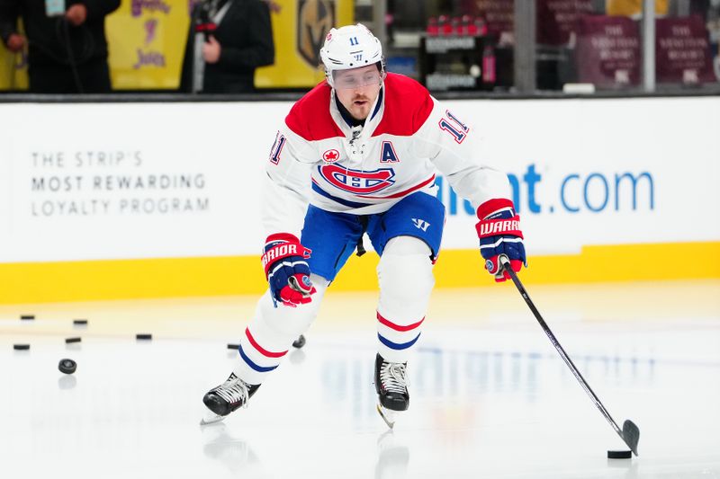 Nov 26, 2025; Las Vegas, Nevada, USA; MontrÈal Canadiens right wing Brendan Gallagher (11) warms up before a game against the Vegas Golden Knights at T-Mobile Arena. Mandatory Credit: Stephen R. Sylvanie-Imagn Images
