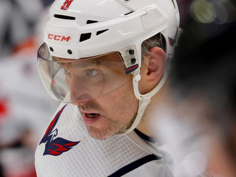 Apr 2, 2024; Buffalo, New York, USA;  Washington Capitals left wing Alex Ovechkin (8) waits for the face-off during the third period against the Buffalo Sabres at KeyBank Center. Mandatory Credit: Timothy T. Ludwig-USA TODAY Sports