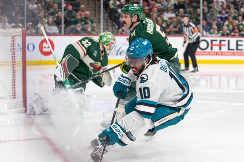 Mar 3, 2024; Saint Paul, Minnesota, USA; San Jose Sharks left wing Anthony Duclair (10) scores on Minnesota Wild goaltender Filip Gustavsson (32) while defenseman Jake Middleton (5) defends in the third period at Xcel Energy Center. Mandatory Credit: Matt Blewett-USA TODAY Sports