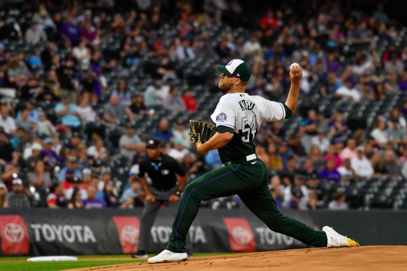 Sep 30, 2023; Denver, Colorado, USA; Colorado Rockies relief pitcher Matt Koch (54) delivers a pitch in the first inning against the Minnesota Twins at Coors Field. Mandatory Credit: John Leyba-USA TODAY Sports