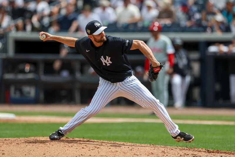 Mar 14, 2026; Tampa, Florida, USA; New York Yankees pitcher Jake Bird (59) throws a pitch against the Philadelphia Phillies in the sixth inning during spring training at George M. Steinbrenner Field. Mandatory Credit: Nathan Ray Seebeck-Imagn Images