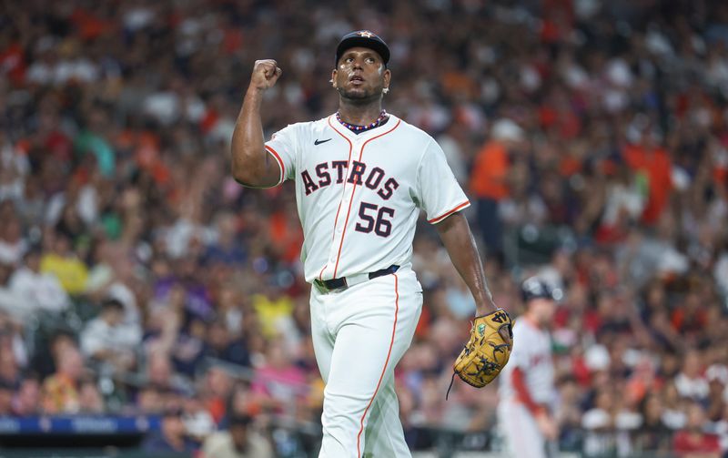 Aug 20, 2024; Houston, Texas, USA; Houston Astros starting pitcher Ronel Blanco (56) reacts after getting an out during the second inning against the Boston Red Sox at Minute Maid Park. Mandatory Credit: Troy Taormina-USA TODAY Sports