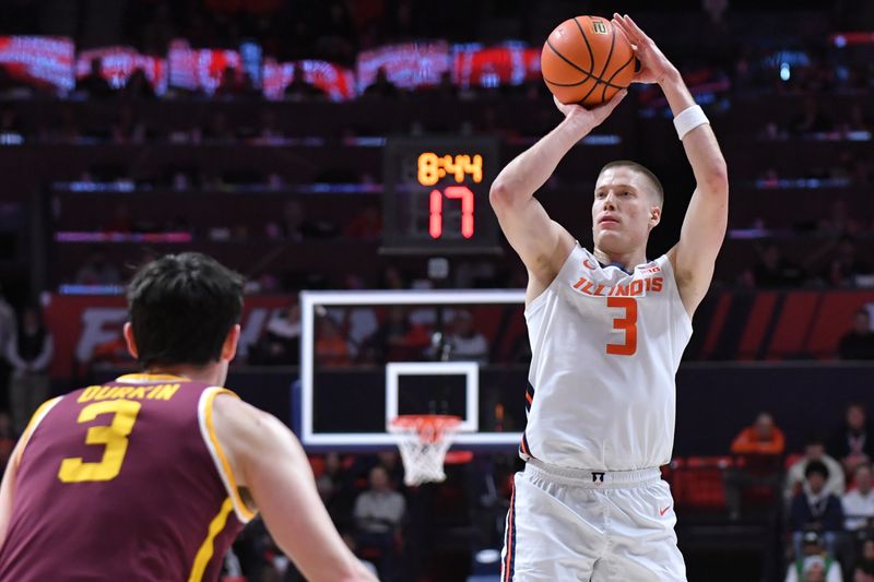 Jan 17, 2026; Champaign, Illinois, USA;  Illinois Fighting Illini forward Ben Humrichhous (3) shoots the ball over Minnesota Golden Gophers forward Bobby Durkin (3) during the first half at State Farm Center. Mandatory Credit: Ron Johnson-Imagn Images