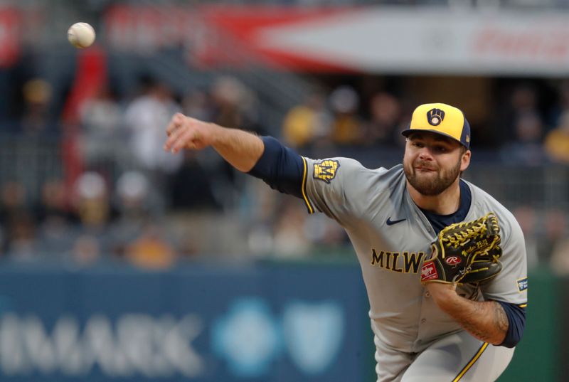 Apr 24, 2024; Pittsburgh, Pennsylvania, USA;  Milwaukee Brewers starting pitcher Bryse Wilson (46) delivers a pitch against the Pittsburgh Pirates during the first inning at PNC Park. Mandatory Credit: Charles LeClaire-USA TODAY Sports