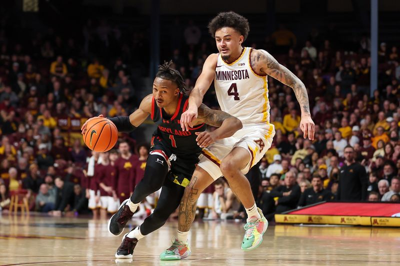 Jan 7, 2024; Minneapolis, Minnesota, USA; Maryland Terrapins guard Jahmir Young (1) works around Minnesota Golden Gophers guard Braeden Carrington (4) during the second half at Williams Arena. Mandatory Credit: Matt Krohn-USA TODAY Sports