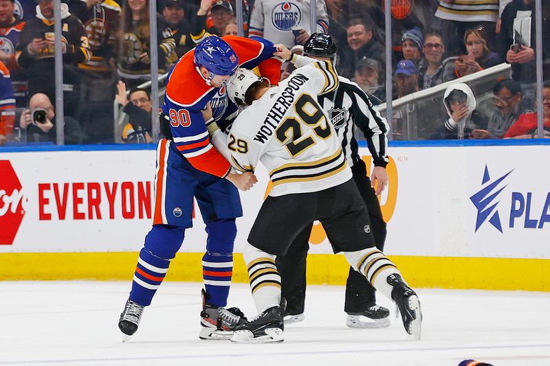Feb 21, 2024; Edmonton, Alberta, CAN; Edmonton Oilers forward Corey Perry (90) and Boston Bruins defensemen Parker Wotherspoon (29) fight during the second period at Rogers Place. Mandatory Credit: Perry Nelson-USA TODAY Sports