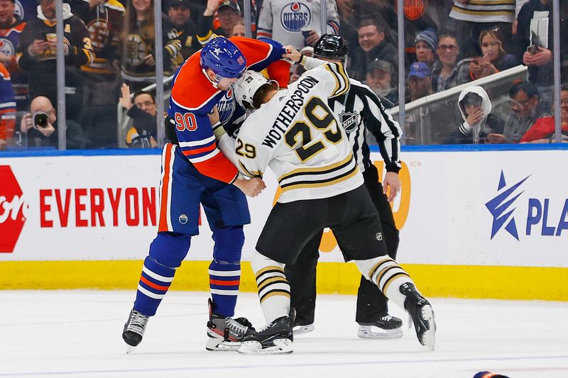 Feb 21, 2024; Edmonton, Alberta, CAN; Edmonton Oilers forward Corey Perry (90) and Boston Bruins defensemen Parker Wotherspoon (29) fight during the second period at Rogers Place. Mandatory Credit: Perry Nelson-USA TODAY Sports