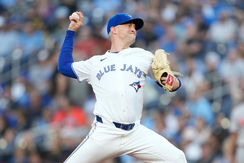 Jun 4, 2024; Toronto, Ontario, CAN; Toronto Blue Jays starting pitcher Trevor Richards (33) pitches to the Baltimore Orioles during the second inning at Rogers Centre. Mandatory Credit: John E. Sokolowski-USA TODAY Sports