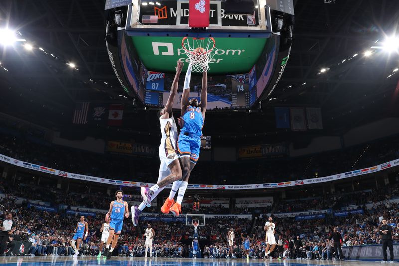 OKLAHOMA CITY, OK - NOVEMBER 13: Jalen Williams #8 of the Oklahoma City Thunder dunks the ball during the game against the New Orleans Pelicans on November 13, 2024 at Paycom Center in Oklahoma City, Oklahoma. NOTE TO USER: User expressly acknowledges and agrees that, by downloading and or using this photograph, User is consenting to the terms and conditions of the Getty Images License Agreement. Mandatory Copyright Notice: Copyright 2024 NBAE (Photo by Nathaniel S. Butler/NBAE via Getty Images)