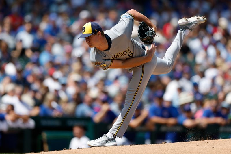 Aug 21, 2025; Chicago, Illinois, USA; Milwaukee Brewers starting pitcher Quinn Priester (46) delivers a pitch against the Chicago Cubs during the first inning at Wrigley Field. Mandatory Credit: Kamil Krzaczynski-Imagn Images
