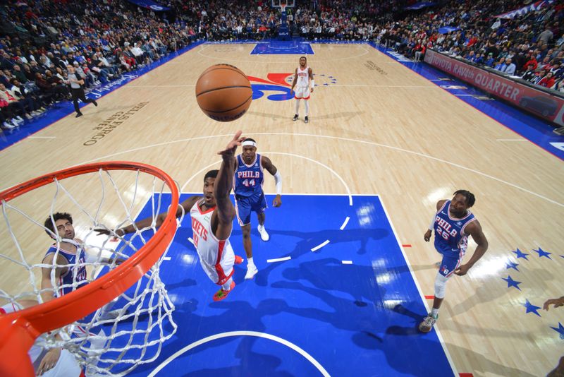 PHILADELPHIA, PA - JANUARY 15: Nate Williams #19 of the Houston Rockets drives to the basket during the game against the Philadelphia 76ers on January 15, 2024 at the Wells Fargo Center in Philadelphia, Pennsylvania NOTE TO USER: User expressly acknowledges and agrees that, by downloading and/or using this Photograph, user is consenting to the terms and conditions of the Getty Images License Agreement. Mandatory Copyright Notice: Copyright 2024 NBAE (Photo by Jesse D. Garrabrant/NBAE via Getty Images)