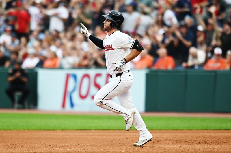 Aug 1, 2024; Cleveland, Ohio, USA; Cleveland Guardians designated hitter David Fry (6) rounds the bases after hitting a home run during the third inning against the Baltimore Orioles at Progressive Field. Mandatory Credit: Ken Blaze-USA TODAY Sports