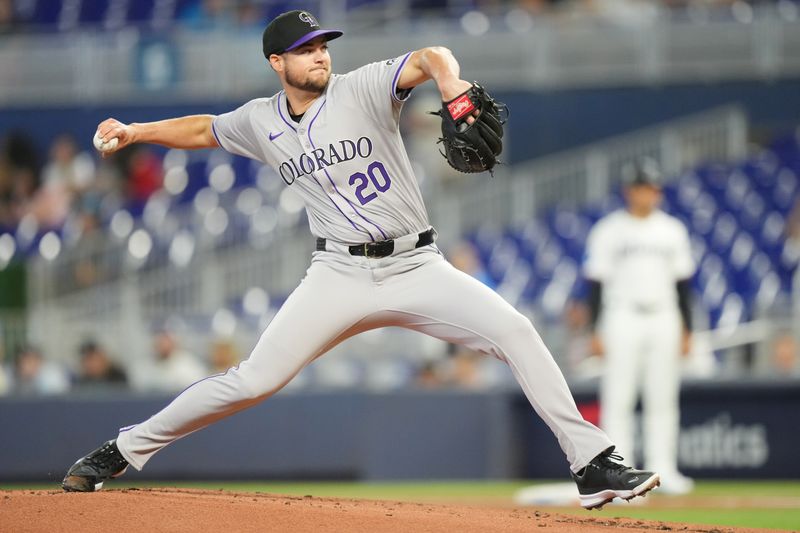 May 2, 2024; Miami, Florida, USA;  Colorado Rockies stating pitcher Peter Lambert (20) pitches in the first inning against the Miami Marlins at loanDepot Park. Mandatory Credit: Jim Rassol-USA TODAY Sports